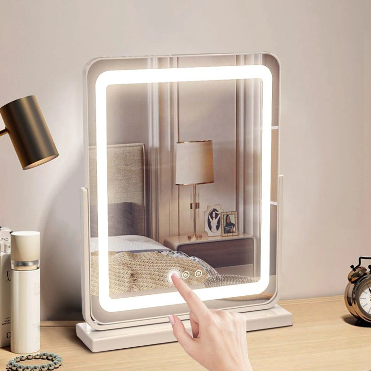 Aluminum Alloy Hollywood Makeup Mirror Three-Color Lighting Home Desktop LED Makeup Mirror 360 Rotating with Light Bedroom Mirror