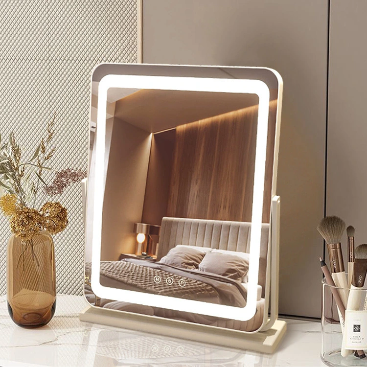 Aluminum Alloy Hollywood Makeup Mirror Three-Color Lighting Home Desktop LED Makeup Mirror 360 Rotating with Light Bedroom Mirror