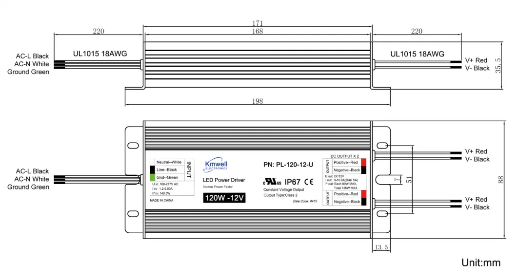 IP67 Waterproof 120W12V Switching Power Supply Dual Output Constant Voltage Pln-120W LED Driver for Outdoor Sign Electrical Static Converters