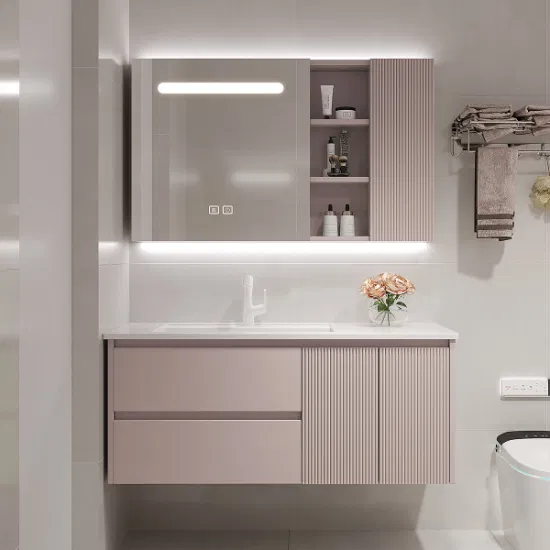 Mobile da bagno galleggiante di lusso per vanità del bagno con rubinetti per lavelli Specchio cosmetico a LED Piano in pietra sinterizzata con lavabi